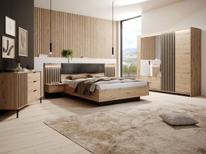 Schlafzimmer-Set - Bett mit Nachttischen - 160 x 200 cm + Lattenrost + Matratze + Kommode + Kleiderschrank - Holzfarben & Schwarz - ARIADA