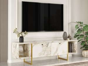 TV-Möbel mit 2 Türen & 2 Regalen - Marmor-Optik Weiß & Goldfarben - DERANA