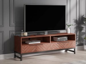 TV-Möbel mit 2 Schubladen & 2 Ablagefächern - Akazienholz & Metall - Holzfarben & Schwarz - VEDILA