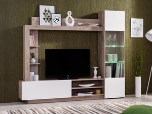 TV-Möbel TV-Wand mit Stauraum & LEDs - Weiß & Eichefarben - ARKALA