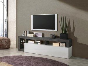 TV-Möbel mit 1 Tür & 4 Ablagen - Weiß lackiert & Beton-Optik - SEFRO