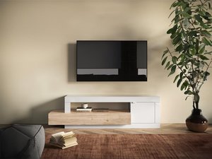 TV-Möbel mit 1 Tür, 1 Schublade & 1 Ablagefach - Holzfarben & Weiß - RUSELO