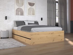 Bett mit Bettkasten + Matratze - 140 x 190 cm - Holzfarben & Schwarz - LUDARO