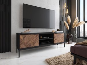 TV-Möbel - 2 Türen & 2 Ablagefächer - Schwarz & Holzfarben dunkel - MIALINE