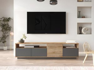 TV-Möbel mit 4 Türen & 2 Regalen - Holzfarben hell & Anthrazit - CEDONA