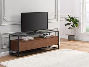 TV-Möbel mit 3 Schubladen - MDF, Sicherheitsglas & Metall - Holzfarben dunkel & Schwarz - CAMATA