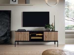 TV-Möbel - 3 Türen - mit LED-Beleuchtung - MDF & Rauchglas - Schwarz & Holzfarben - OVILA