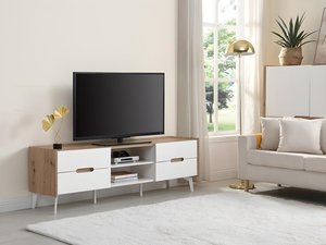 TV Möbel mit 4 Schubladen & 2 Ablagen - MDF & Metall - Weiß & Naturfarben - CAYANA