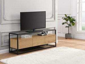 TV-Möbel mit 3 Schubladen - MDF, Sicherheitsglas & Metall - Holzfarben hell & Schwarz - CAMATA