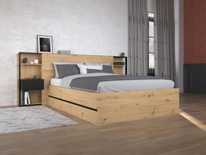 Bett mit Bettkasten und Nachttischen - 140 x 190 cm - Holzfarben & Schwarz - LUDARO
