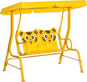 Outsunny Kinder Hollywoodschaukel 2-Sitzer Kinderschaukel mit verstellbarem Sonnendach Gartenschaukel für 3-6 Jahre Kinder Metall Gelb 110x74x113cm