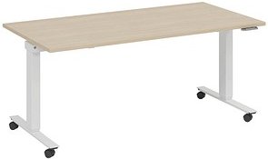 fm Slimfit elektrisch höhenverstellbarer Schreibtisch ahorn, verkehrsweiß rechteckig, T-Fuß-Gestell mit Rollen weiß 160,0 x 80,0 cm