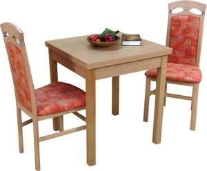 HOFMANN LIVING AND MORE Essgruppe "Anthony", (Spar-Set, 3 tlg., 1 Tisch, 2 Stühle), Stuhlgestell und Tischbeine aus Massivholz, Tisch mit 2 Ansteckplatten