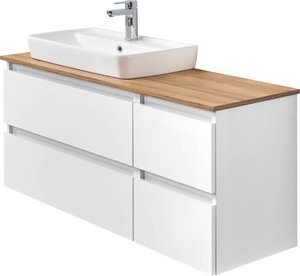 Saphir Waschtisch "Quickset 360 Waschplatz mit Keramik-Aufsatzbecken, wandhängend", Waschtischplatte, 113 cm breit, Weiß Glanz, 4 Schubladen