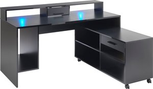 BEGA OFFICE Gamingtisch "Highscore", Schwarz inkl. RGB-LED Farbwechsel, Computertisch mit Rollcontainer