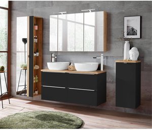 Badmöbel Set seidenmatt anthrazit & Wotaneiche TOSKANA-BLACK-56 mit Waschtisch inkl. Keramik-Waschbecken, LED-Spiegelschrank und Wäschesammler,