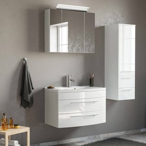 Badezimmer Waschplatz Set in weiß Hochglanz mit LED-Spiegelschrank MAPUTO-02 BxHxT ca. 132x200x49cm