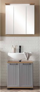 Badezimmer Waschplatz Set, Waschbeckenunterschrank mit Spiegelschrank, grau mit Eiche Nb. JAUSA-80, Landhaus-Design