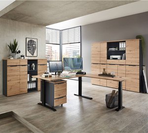 Büromöbel Set 8-teilig MANRESA-36 mit höhenverstellbarem Schreibtisch in graphit und Eiche