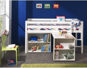 Kinderzimmer Set mit Hochbett in Kiefer massiv weiß lackiert PINOO-12 incl. Schreibtisch und Regal, B/H/T: ca. 210/114/106 cm