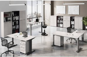 Büromöbel Komplett Set AURAY-01 höhenverstellbare Schreibtische, abschließbare Aktenschränke, Lichtgrau mit Silber, Graphit, Rubinrot