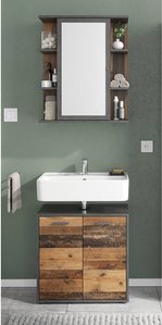 Badezimmer Waschplatz Set inkl. Spiegelschrank in grau mit Betonoptik und Altholzoptik, MECO-10