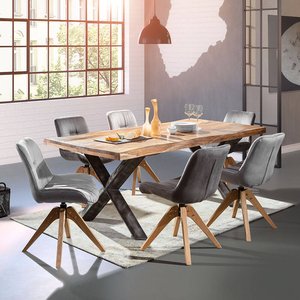 Essplatzgruppe Massivholz Esstisch 240 cm mit 6 Stühlen TARRAS-123 Tisch mit Metallgestellen in schwarz