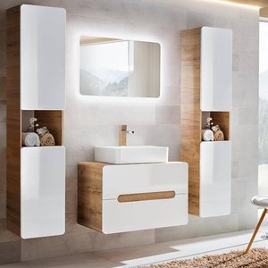 Badezimmermöbel Set mit Keramik-Waschbecken LUTON-56 Hochglanz weiß mit Wotan Eiche Nb.