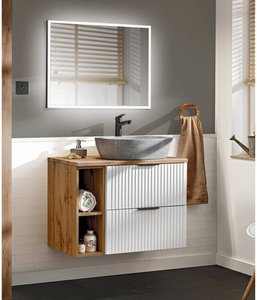 Badezimmer Waschplatz Set 2-teilig weiß ADELAIDE-56-WHITE Modern mit Eiche Nb., Front in Rillenoptik