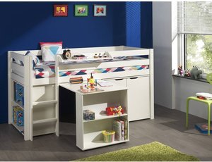Kinderzimmer Kombination mit Hochbett PINOO-12 incl. Schreibtisch, Regal und Kommode in Kiefer massiv weiß lackiert, B/H/T: ca. 210/114/106 cm