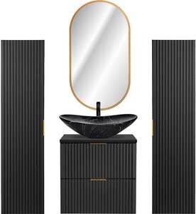 Badmöbel Komplett Set mit marmoriertem Waschbecken, matt schwarz gerillt, ADELAIDE-56-BLACK, B/H/T ca. 160/200/46,5 cm