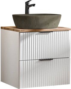 Badmöbel Waschtisch Unterschrank Set 60 cm matt weiß mit Wotaneiche, 2 Softclose Schubkästen, Keramik-Waschbecken Betonoptik
