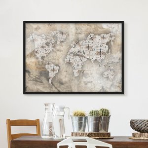 Bild mit Rahmen Stadt-, Land- & Weltkarte - Querformat Shabby Uhren Weltkarte
