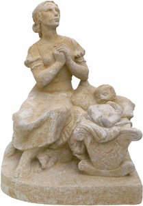 Steinguss Gartenskulptur - Heilige Maria mit Jesus in der Krippe - Maria Seimi / Sand