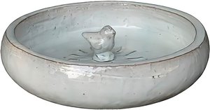 Vogelbad aus glasierter Keramik mit Vogelfigur - Vogero / Weiß / 8x29cm (HxDm)