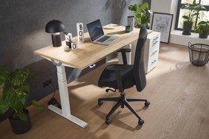 Höhenverstellbarer Schreibtisch "Premium Line", weiß, Tischplatte 160 x 80 cm Wildeiche, elektrisch höhenverstellbar, Stehschreibtisch, Tischgestell