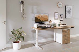 Höhenverstellbarer Schreibtisch "Basic Line", weiß, Tischplatte 120 x 80 cm Wildeiche, elektrisch höhenverstellbar, Stehschreibtisch, Tischgestell