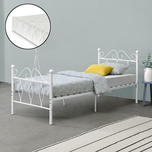 [en.casa] Metallbett Apolda 90x200 cm Jugendbett mit Kaltschaummatratze bis 200kg Weiß