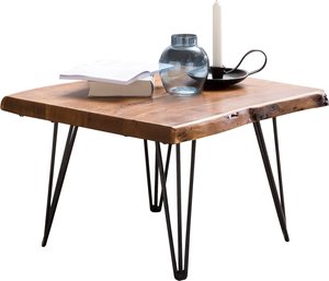 FineBuy Design Couchtisch Massivholz Tisch Baumkante 56 x 38 x 51 cm, Sheesham Holztisch mit Metallbeinen, Wohnzimmertisch im rustikalen Landhausstil