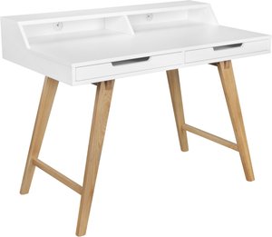 FineBuy Schreibtisch 110 x 85 x 60 cm MDF-Holz skandinavisch weiß matt Arbeitstisch, Design Laptoptisch mit Kabeldurchlass, Bürotisch mit Eiche-Beinen