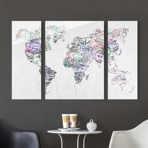 3-teiliges Glasbild Reisepass Stempel Weltkarte