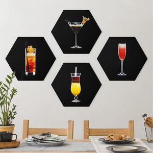 4-teiliges Hexagon-Forexbild Cocktail Set auf Schwarz Set I