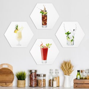 4-teiliges Hexagon-Alu-Dibond Bild Cocktail Splash Set I