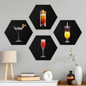 4-teiliges Hexagon-Alu-Dibond Bild Cocktail Set auf Schwarz Set I
