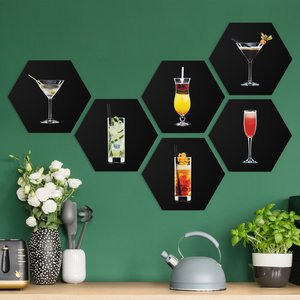 6-teiliges Hexagon-Alu-Dibond Bild Cocktail Set auf Schwarz Set II