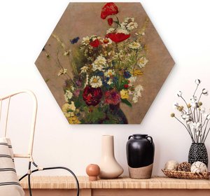 Hexagon-Holzbild Odilon Redon - Blumenvase mit Mohn