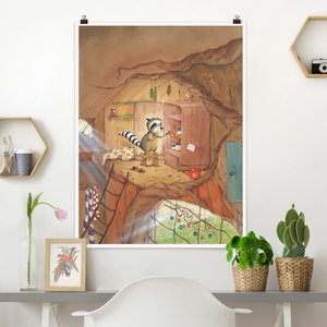 Poster Kinderzimmer - Hochformat Wassili Waschbär - Wassili am Küchenschrank