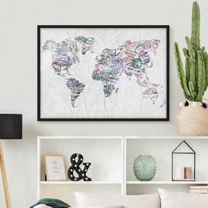 Bild mit Rahmen Stadt-, Land- & Weltkarte - Querformat Reisepass Stempel Weltkarte