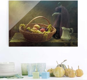 Glasbild Küche - Querformat Stillleben mit Obstkorb