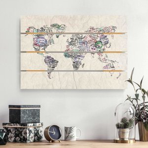Holzbild Plankenoptik Reisepass Stempel Weltkarte